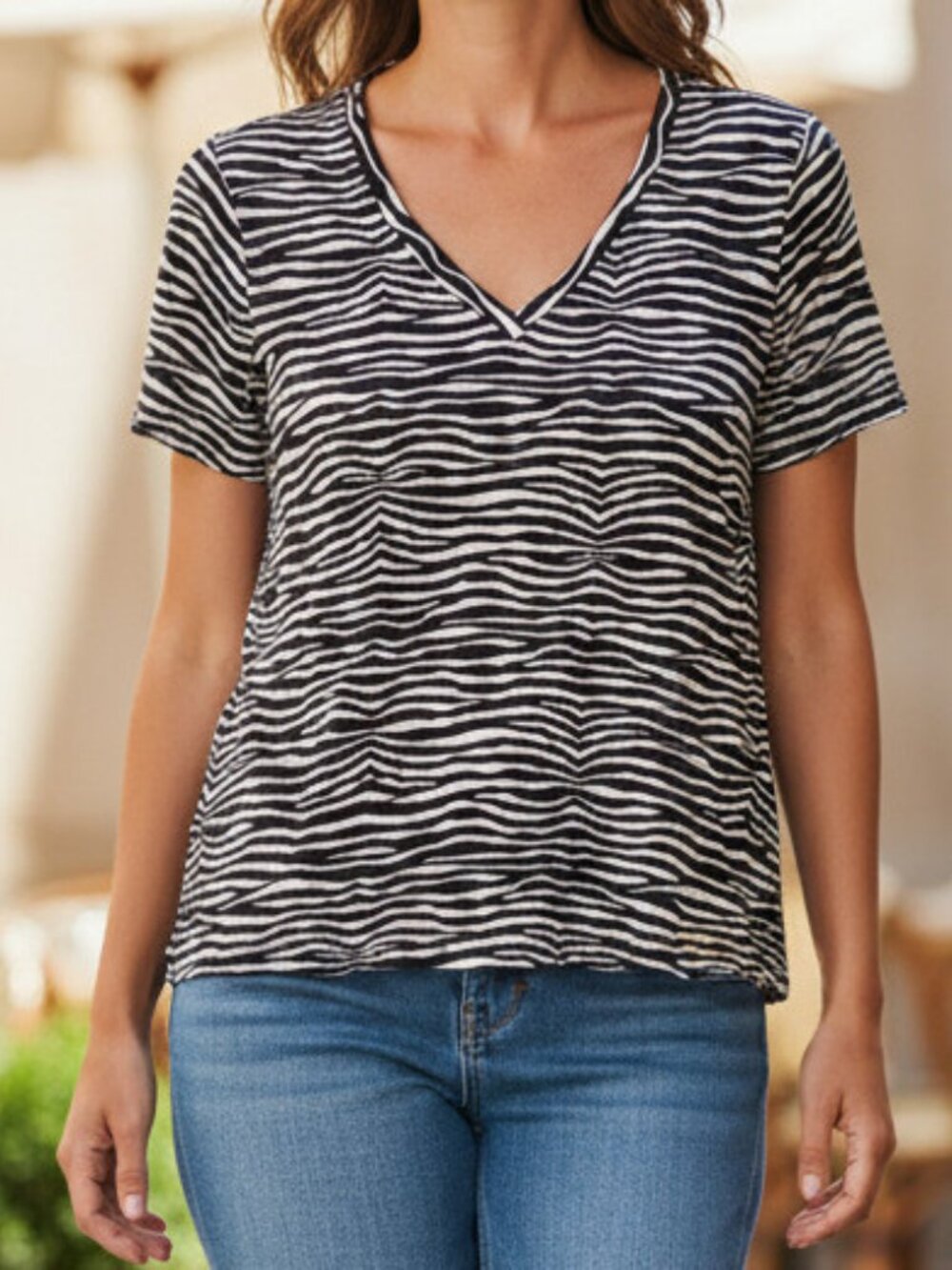 Michael Kors Stretch Zebra Print Striped Tee Shirt Size 1X Animal Print